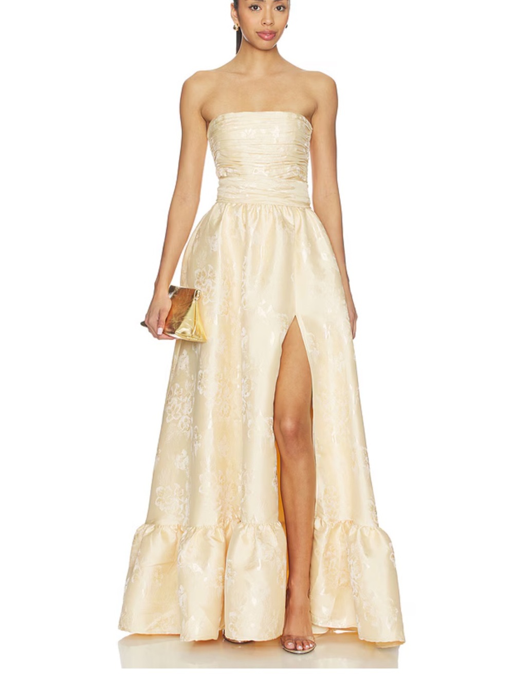 V. Chapman Strapless Yellow Evening Gown with High Slit